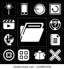 Set Of 13 simple editable icons such as Folder, Multiply, Reading, Menu, Stop, Notepad, Worldwide, Help, Video player on black background