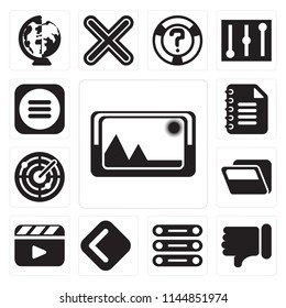 Set Of 13 simple editable icons such as Picture, Dislike, Database, Back, Video player, Folder, Radar, Notepad, Menu, web ui icon pack