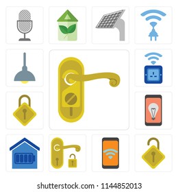 Set Of 13 simple editable icons such as Doorknob, Locked, Mobile, Handle, Smart home, Locking, Socket, Lighting, web ui icon pack