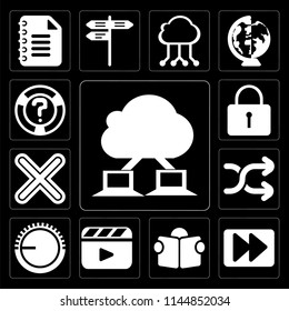 Set Of 13 simple editable icons such as Cloud computing, Fast forward, Reading, Video player, Volume control, Shuffle, Multiply, Locked, Help on black background