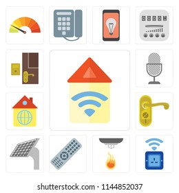 Set Of 13 simple editable icons such as Automation, Socket, Sensor, Remote, Panel, Doorknob, Home, Voice control, Doorbell, web ui icon pack