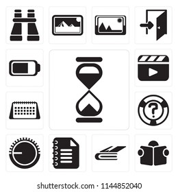 Set Of 13 simple editable icons such as Hourglass, Reading, Notebook, Notepad, Volume control, Help, Calendar, Video player, Battery, web ui icon pack
