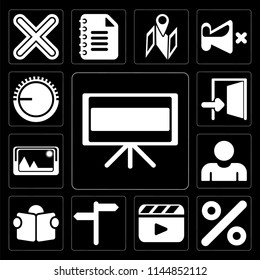Set Of 13 simple editable icons such as Television, Percent, Video player, , Reading, User, Picture, Exit, Volume control on black background