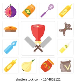 Set Of 13 simple editable icons such as Butcher, Flour, Jam, Onion, Mustard, Oil, Water, Gingerbread, Pie, web ui icon pack