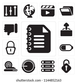 Set Of 13 simple editable icons such as Notepad, Unlocked, Database, Volume control, Wireless internet, Battery, Locked, Upload, Dislike, web ui icon pack