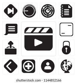 Set Of 13 simple editable icons such as Video player, Worldwide, User, Add, Back, Locked, Upload, Frame, Notification, web ui icon pack