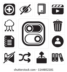 Set Of 13 simple editable icons such as Switch, Archive, Upload, Shuffle, Muted, User, Notepad, Garbage, Cloud computing, web ui icon pack