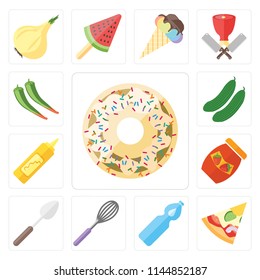 Set Of 13 simple editable icons such as Doughnut, Pizza, Water, Whisk, Spoon, Jam, Mustard, Cucumber, Pepper, web ui icon pack