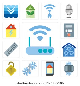 Set Of 13 simple editable icons such as Modem, Cool, Smart home, Temperature, Locked, Remote, Intercom, Home, web ui icon pack