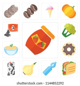 Set Of 13 simple editable icons such as Jam, Taco, Water, Onion, Milk, Doughnut, Pasta, Cauliflower, Seeds, web ui icon pack
