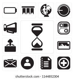 Set Of 13 simple editable icons such as Hourglass, Add, Notepad, User, Send, Photos, Upload, Switch, Megaphone, web ui icon pack