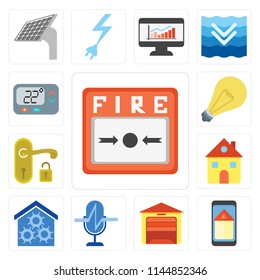 Set Of 13 simple editable icons such as Fire alarm, Smart home, Garage, Voice control, Home, Handle, Light, Thermostat, web ui icon pack