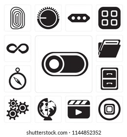 Set Of 13 simple editable icons such as Switch, Stop, Video player, Worldwide, Settings, Archive, Compass, Folder, Infinity, web ui icon pack