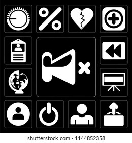 Set Of 13 simple editable icons such as Mute, Upload, User, Switch, Television, Worldwide, Rewind, Id card on black background