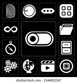 Set Of 13 simple editable icons such as Switch, Stop, Video player, Worldwide, Settings, Archive, Compass, Folder, Infinity on black background