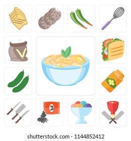 Set Of 13 simple editable icons such as Pasta, Butcher, Ice cream, Seeds, Knives, Honey, Cucumber, Taco, Flour, web ui icon pack