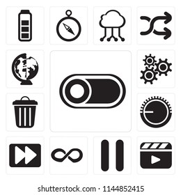 Set Of 13 simple editable icons such as Switch, Video player, Pause, Infinity, Fast forward, Volume control, Garbage, Settings, Worldwide, web ui icon pack