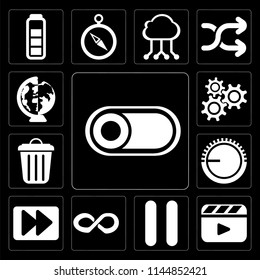 Set Of 13 simple editable icons such as Switch, Video player, Pause, Infinity, Fast forward, Volume control, Garbage, Settings, Worldwide on black background