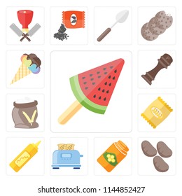 Set Of 13 simple editable icons such as Ice cream, Potatoes, Honey, Toaster, Mustard, Chips, Flour, Pepper, web ui icon pack