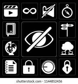 Set Of 13 simple editable icons such as Hide, Lock, Volume control, Locked, Notepad, Cloud computing, Worldwide, Street, Notebook on black background