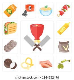 Set Of 13 simple editable icons such as Butcher, Olives, Bacon, Pretzel, Coconut, Flour, Cookies, Mustard, Taco, web ui icon pack