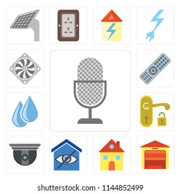 Set Of 13 simple editable icons such as Voice control, Garage, Home, Smart home, Security camera, Handle, Water, Remote, Cooler, web ui icon pack