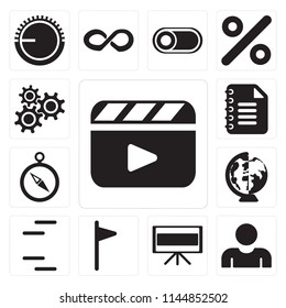 Set Of 13 simple editable icons such as Video player, User, Television, Flag, Lines, Worldwide, Compass, Notepad, Settings, web ui icon pack