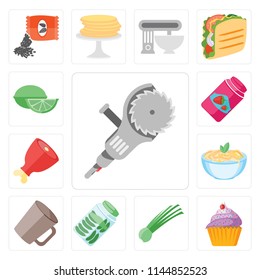 Set Of 13 simple editable icons such as Grinder, Cupcake, Chives, Pickles, Mug, Pasta, Ham, Jam, Lime, web ui icon pack