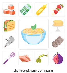 Set Of 13 simple editable icons such as Pasta, Fig, Olives, Bacon, Spatula, Cookies, Grinder, Pancakes, Taco, web ui icon pack