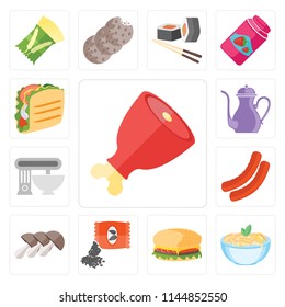 Set Of 13 simple editable icons such as Ham, Pasta, Hamburguer, Seeds, Mushrooms, Sausage, Mixer, Teapot, Taco, web ui icon pack