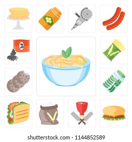 Set Of 13 simple editable icons such as Pasta, Hamburguer, Butcher, Flour, Taco, Pickles, Cookies, Seeds, web ui icon pack