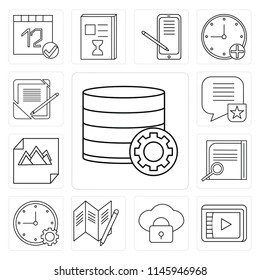 Set Of 13 simple editable icons such as Database, Video player, Cloud computing, Map, Stopwatch, Notepad, Image, Speech bubble, Notebook, web ui icon pack