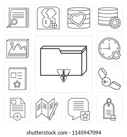 Set Of 13 simple editable icons such as Folder, Price tag, Speech bubble, Map, File, Phone call, Notebook, Stopwatch, Image, web ui icon pack