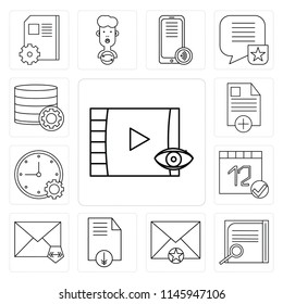 Set Of 13 simple editable icons such as Video player, Notepad, Mail, File, Calendar, Stopwatch, Database, web ui icon pack