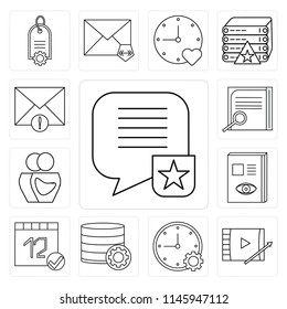 Set Of 13 simple editable icons such as Speech bubble, Video player, Stopwatch, Database, Calendar, Notebook, User, Notepad, Mail, web ui icon pack
