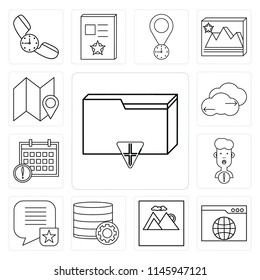 Set Of 13 simple editable icons such as Folder, Browser, Image, Database, Speech bubble, User, Calendar, Cloud computing, Map, web ui icon pack
