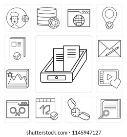 Set Of 13 simple editable icons such as Archive, Notepad, Phone call, Calendar, Browser, Video player, Image, Envelope, Notebook, web ui icon pack