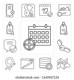 Set Of 13 simple editable icons such as Calendar, File, Database, Browser, Placeholder, Phone call, Speech bubble, Price tag, web ui icon pack