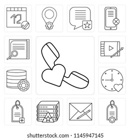 Set Of 13 simple editable icons such as Phone call, Price tag, Envelope, Server, Stopwatch, Database, Video player, Notepad, web ui icon pack
