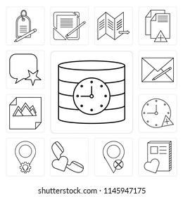 Set Of 13 simple editable icons such as Database, Notebook, Placeholder, Phone call, Stopwatch, Image, Envelope, Speech bubble, web ui icon pack