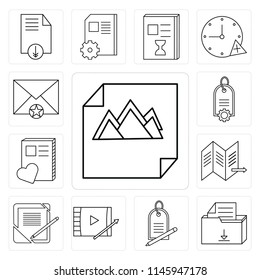 Set Of 13 simple editable icons such as Image, File, Price tag, Video player, Notebook, Map, Mail, web ui icon pack