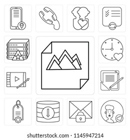 Set Of 13 simple editable icons such as Image, User, Mail, Database, Price tag, Notebook, Video player, Stopwatch, Server, web ui icon pack