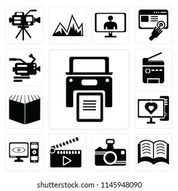 Set Of 13 simple editable icons such as Printer with written paper, Book opened at center, Photo camera, Movie clapper, Computer and monitor, tower web ui icon pack