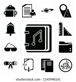 Set Of 13 simple editable icons such as Audiobook, Research, Document, Pdf, Diploma, Folder, Sunglasses, Ruler, Bell, web ui icon pack