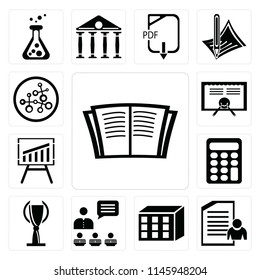 Set Of 13 simple editable icons such as Open book, Exam, Cubes, Presentation, Trophy, Calculator, Blackboard, Diploma, Research, web ui icon pack