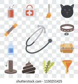 Set Of 13 simple editable icons such as Stethoscope, Filter, Seaweed, Poop, Scratching, Animal carrier, Drops, Collar, Rope, web ui icon pack