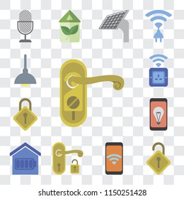 Set Of 13 simple editable icons such as Doorknob, Locked, Mobile, Handle, Smart home, Locking, Socket, Lighting, web ui icon pack