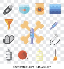 Set Of 13 simple editable icons such as Treats, Broom, Bird cage, Yarn, Cage, Stethoscope, Grooming glove, Syringe, Filter, web ui icon pack