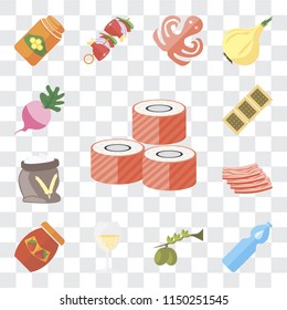 Set Of 13 simple editable icons such as Sushi, Water, Olives, Glass, Jam, Bacon, Flour, Biscuit, Radish, web ui icon pack
