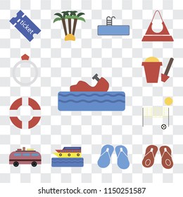 Set Of 13 simple editable icons such as Water craft, Flip flops, Cruise, Minivan, Beach volleyball, Lifebuoy, Sand bucket, Ring, web ui icon pack